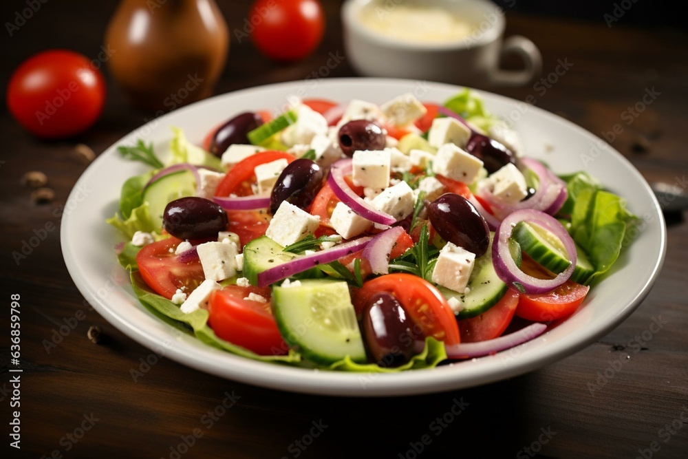 A refreshing Greek salad with feta, tomato, lettuce, olives, and onion. Generative AI