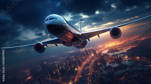 Passenger plane flying over the city