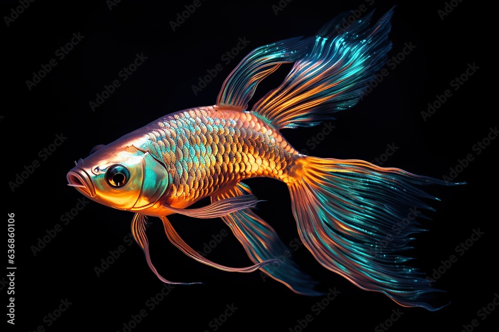 Close-up view of golden Fish on black background.