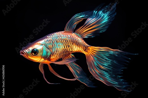 Close-up view of golden Fish on black background.