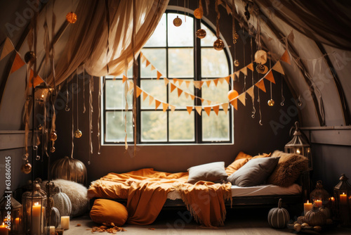 Interior of rural cozy room decorated to Halloween celebration with flags, pumpkins and candles