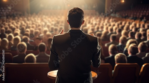 businessman standing hand rise asking question in midddel of seminar convention hall question request from businesman conference attending,ai generate photo