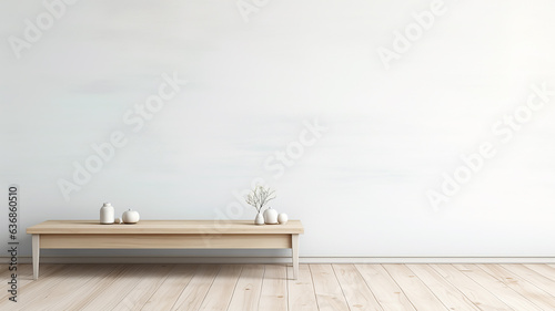 a table against a light wall, minimalistic interior background in scandi style