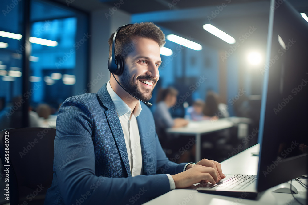 Smiling customer support operator with hands-free headset working in the office. Generative AI. Smiling customer support operator with hands-free headset working in the office. Generative AI.