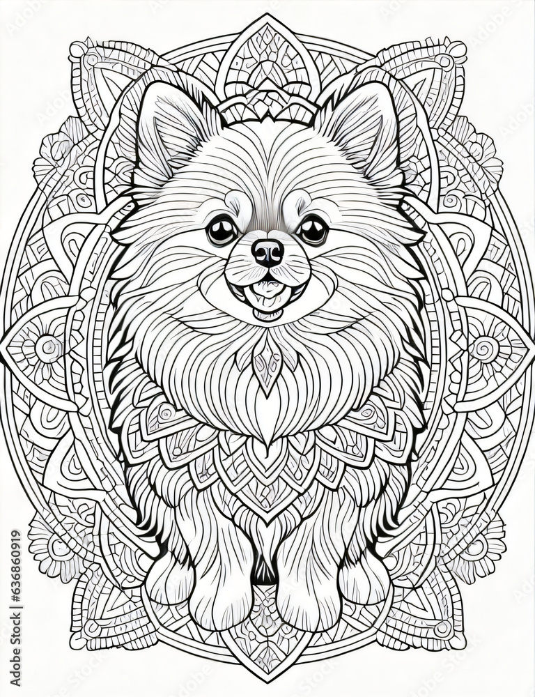 Fototapeta premium Pomeranian Dog Breed Coloring Pages for Relaxation. Coloring Pages for Adults and Kids. Intricate Mandala Patterns