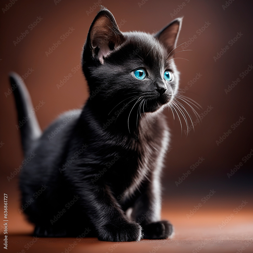 cute black kitten on brown background, positive photo
