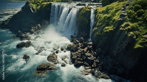 A mesmerizing image of a picturesque waterfall in an overhead shot  with water cascading down surrounded by rocks and vegetation