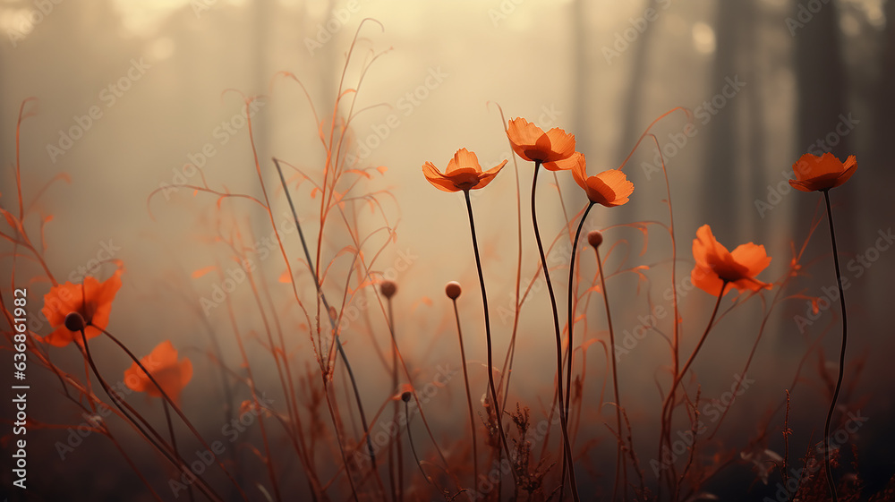 Obraz premium wild flowers, landscape in the mountains autumn fog on the field in the morning