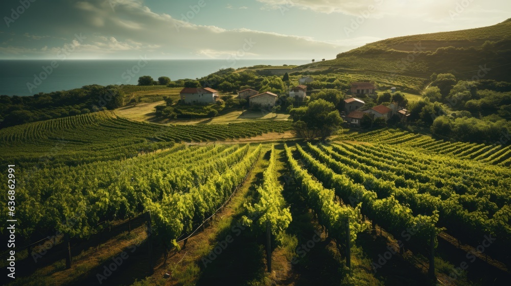 An enticing image of a picturesque vineyard in an overhead shot, showcasing rows of lush grapevines and a charming winery