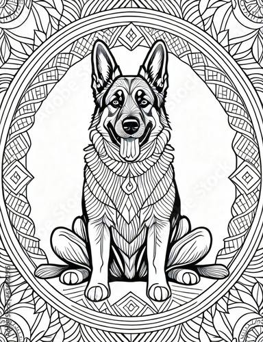German shepherd Dog Breed Coloring Pages for Relaxation. Coloring Pages for Adults and Kids. Intricate Mandala Patterns