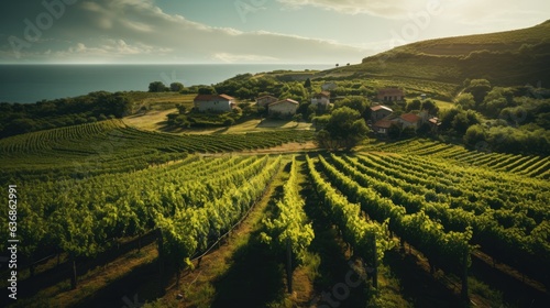 An enticing image of a picturesque vineyard in an overhead shot, showcasing rows of lush grapevines and a charming winery