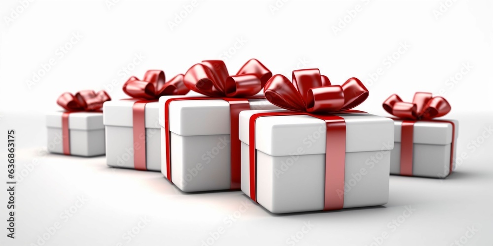 White Gift Boxes with Red Ribbon on White Studio Background White Gift Boxes with Red Ribbon on White Studio Background
