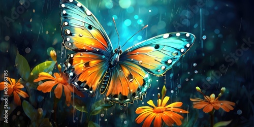 illustration of colorful butterfly with flowers in the rain  generative AI