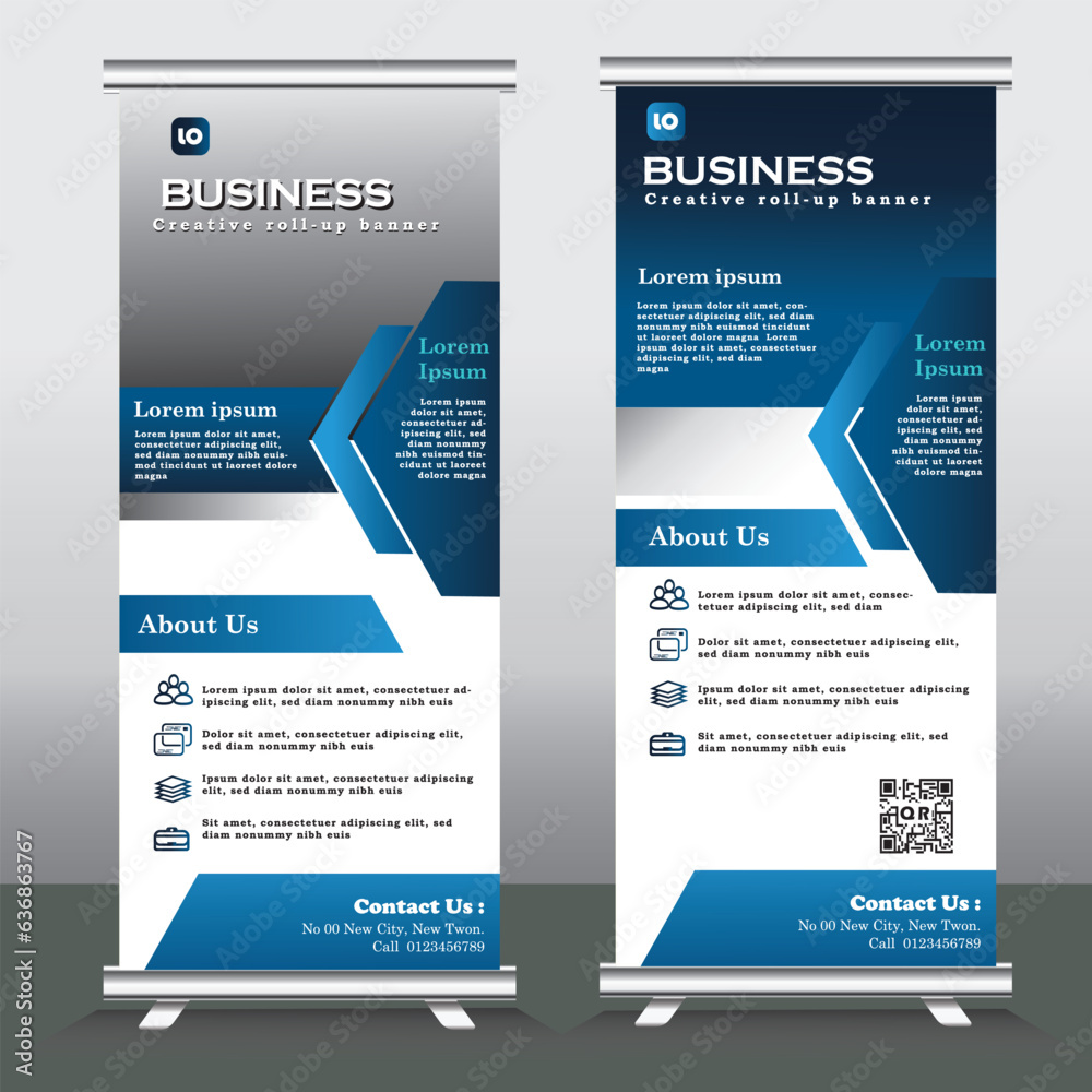 roll up banner design and vector template. blue color, standee banner design, vertical banner, x-banner, standee Template. pull up banner, Brochure, Flyer. abstarct vector illustration