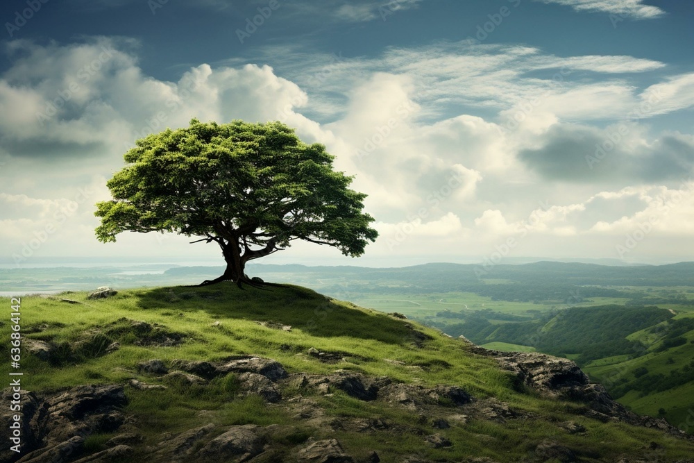 Beautiful solitary tree atop lush hill. Crafted using technology. Generative AI - obrazy, fototapety, plakaty 