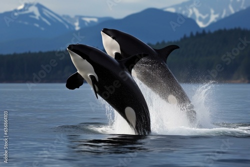 Two orcas, also known as killer whales, leaping gracefully. Generative AI