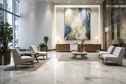 Contemporary reception area with decorative sales gallery, white marble flooring, table, chairs, and a well-lit lobby. Generative AI © Eirene