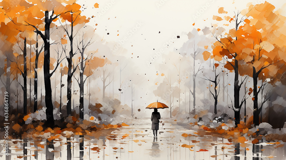 Fototapeta premium a figure with an umbrella in an autumn yellow park with trees on a white background watercolor paint drawing