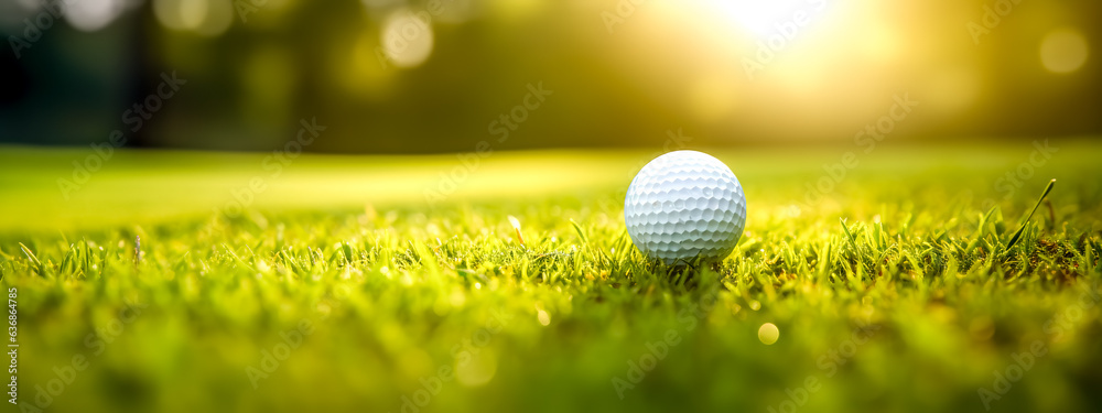 golf ball on a green grass field in nature, sunrise, banner with copy space golf ball on a green grass field in nature, sunrise, banner with copy space