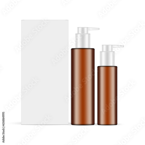 Packaging Mockup For Hydrophilic Cleansing Oil. Amber Brown Pump Bottles And Paper Box, Isolated On White Background. Vector Illustration