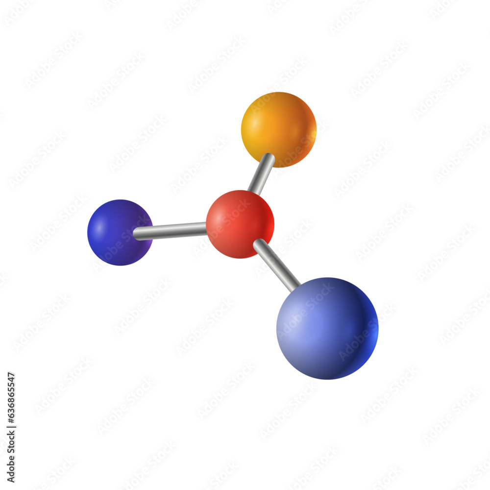 Vector model of 3d molecule consisting of three small atoms and big blue joined by the small elements isolated Vector model of 3d molecule consisting of three small atoms and big blue joined by the small elements isolated