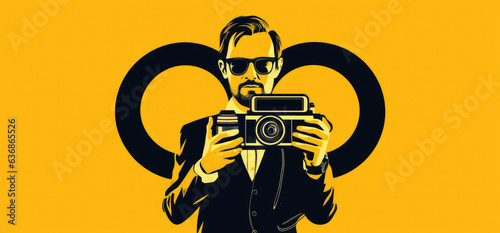 Cinema Director or Cameraman Holding Film Camera in His on a yellow background. Generative AI