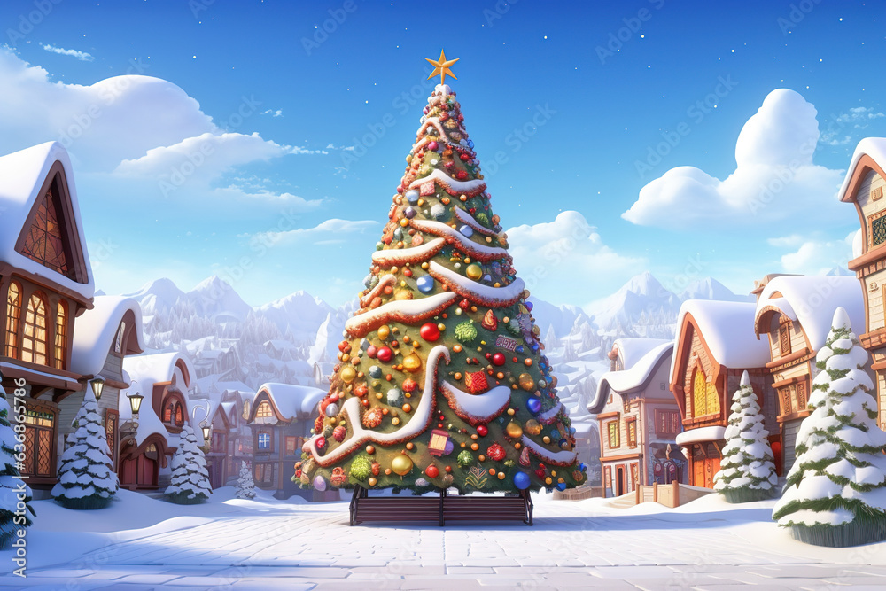 Christmas tree in a snowy village.Generative Ai Christmas tree in a snowy village.Generative Ai