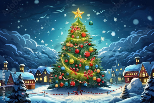 Wallpaper Mural Christmas tree in a snowy village.Generative Ai Torontodigital.ca