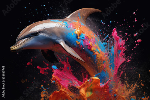 Dolphin Jump in a Rainbow Colorful Paint extreme closeup. Generative AI