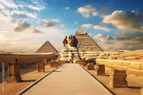 A majestic avenue of Egyptian gods, featuring a sphinx guarding the entrance to a grand temple. Generative AI