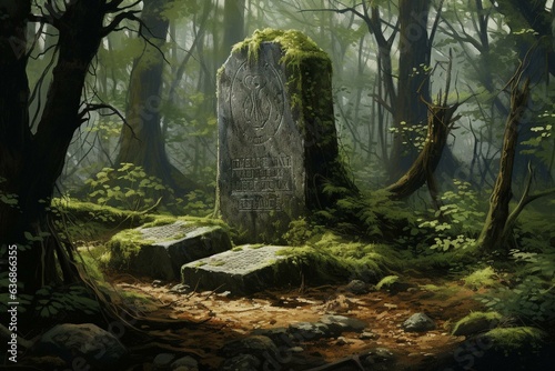 Illustration painting of ancient gravestone in a forest. Generative AI