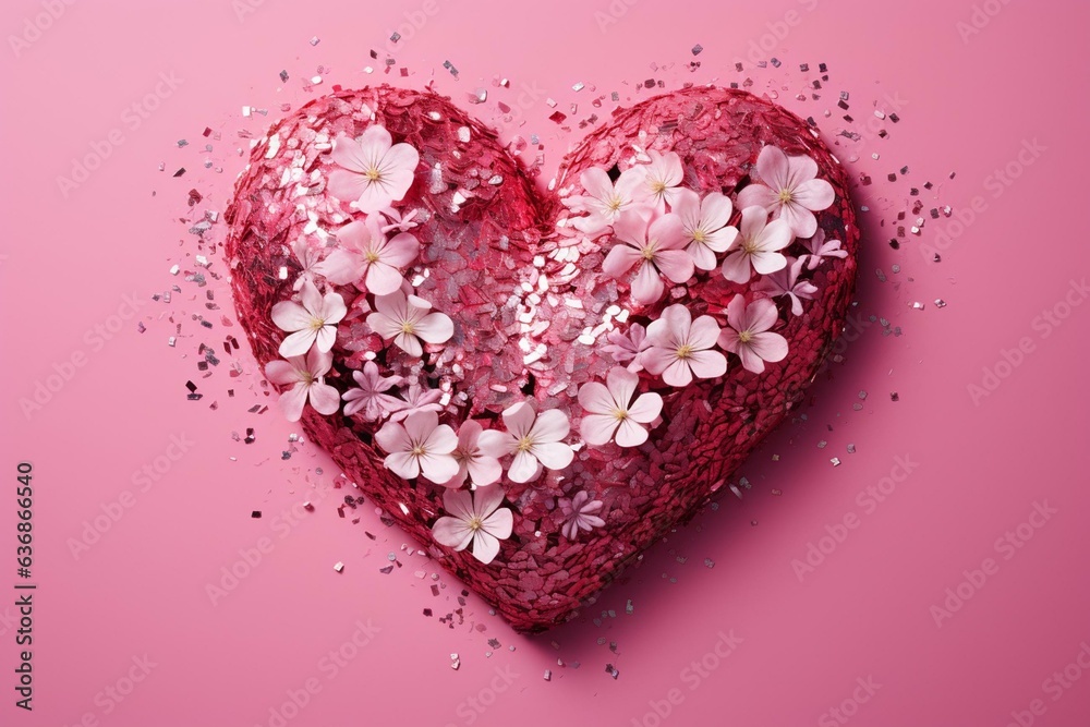 A heart with glitter crumbles on a pink backdrop, representing Valentine's Day, a shattered heart, and blossoming affection. Generative AI