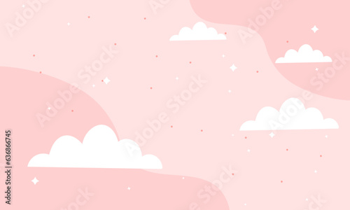Vector red fairytale sky background with stars. white and pastel color clouds for imaginary world