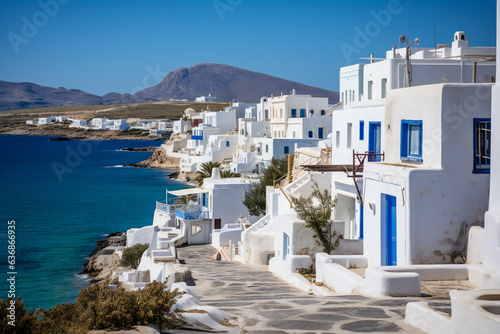 Old cycladic Greek village by the sea, with white houses and blue sea