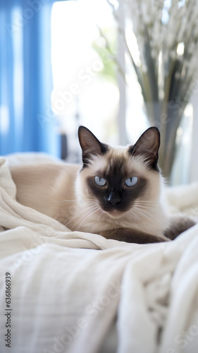 Siamese cat on the bed in the bedroom