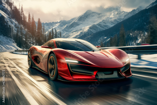 A red futuristic sports car speeding down a curved road on the snowy mountains © graja