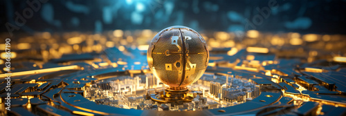 A computer circuit board with a glowing globe on it. Artificial intelligence concept. photo