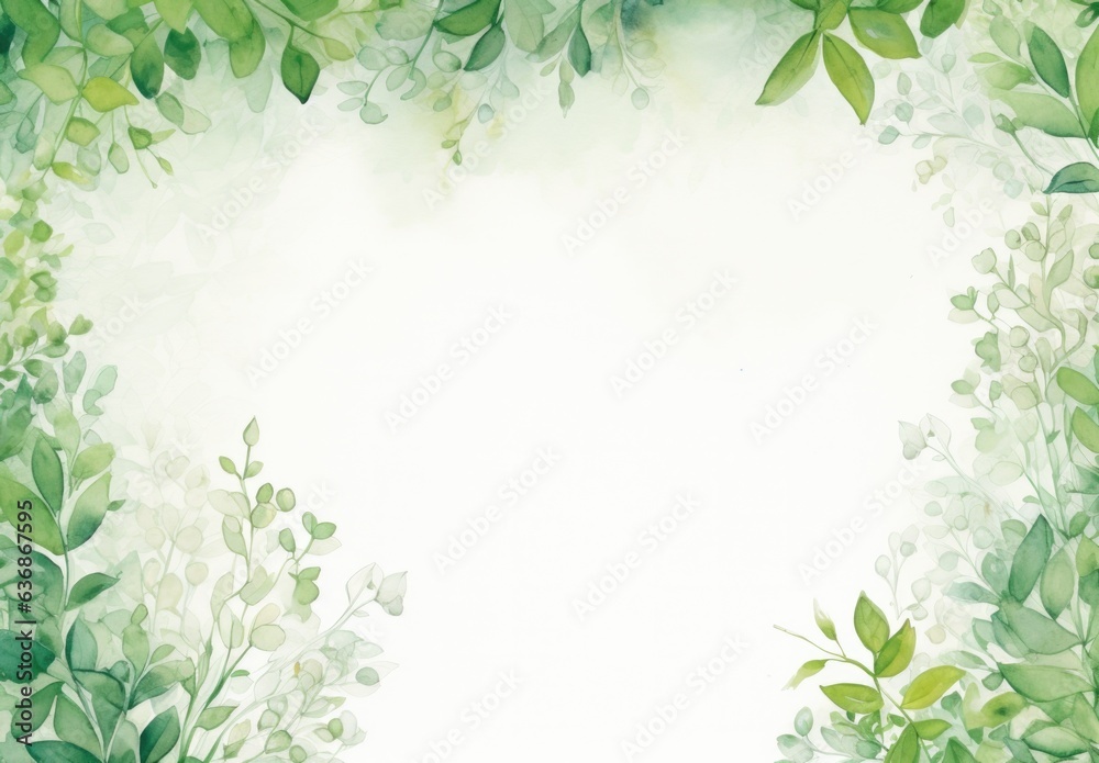 green leaves and flowers in watercolor background