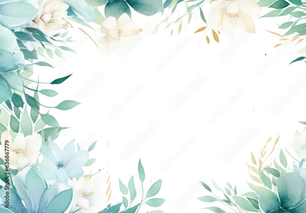 green leaves and flowers in watercolor background