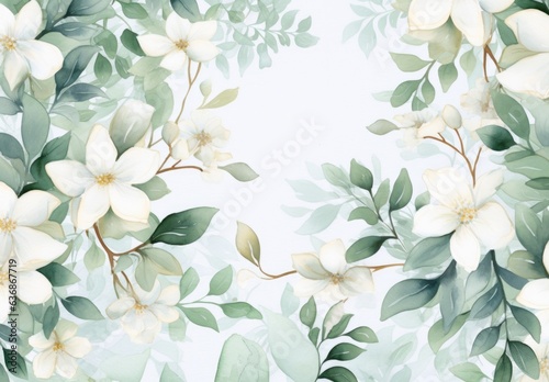 green leaves and flowers in watercolor background