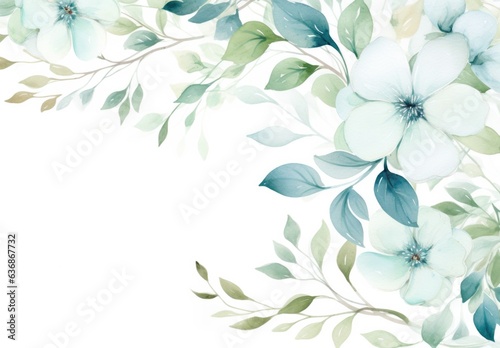 green leaves and flowers in watercolor background © EnelEva