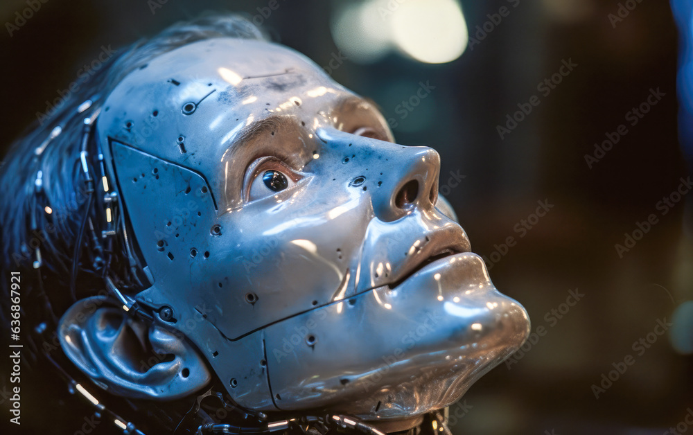 Naklejka premium Closeup of Bicentennial Man with light in eyes displaying a hint of melancholic smile