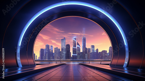 round neon arch portal with a view of the panorama of the modern city cityline skyscrapers  podium presentation