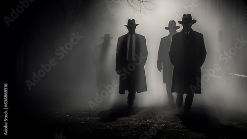 mafia black figures come out silhouettes from the night fog black and white photo