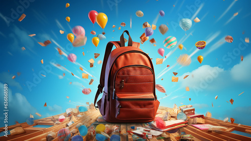 back to school background, school backpack levitating flying among a whirlwind of educational supplies modern trendy view on solid
