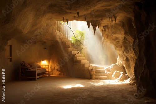 Bright underground dwelling with sunlight streaming through a cave entrance. Generative AI