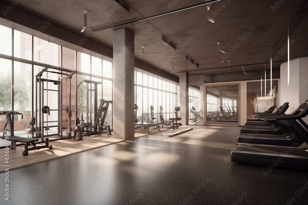 3D rendered image showing a fitness center, gym, and sports facility. Generative AI