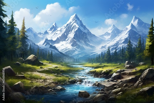 An awe-inspiring mountain range with snow-capped peaks, a meandering river, and verdant valley, forming a heavenly paradise. Generative AI © Anthony