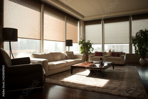 Large automatic solar shades, wood decor panels, hi-tech plants, electric curtains for modern interior. Generative AI