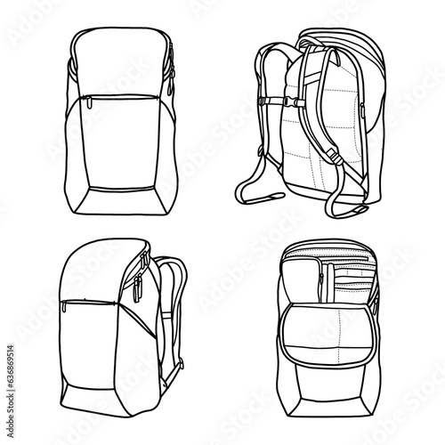Technical sketch or drawing of Backpack bags vector template, suitable for your custom backpack bag, front, back and side view, isolated on white background, editable color